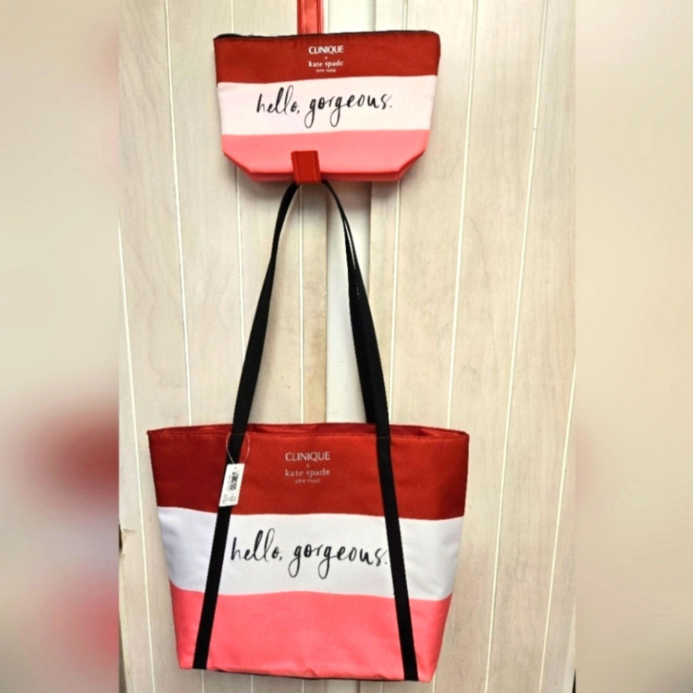 Kate Spade and Clinque Red, Pink and White Striped Tote and Makeup Pouch Set